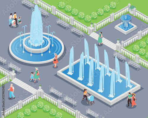 Isometric Park Fountain Illustration