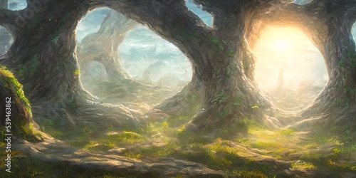 Large tree base  fabulous landscape. Illustration.