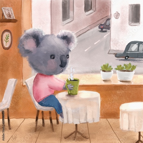 Photography Cute koala character in clothes is sitting at table in cafe and drinking hot coffee