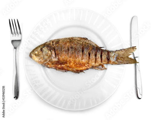 Fried fish on white plate with fork and knife, closeup
