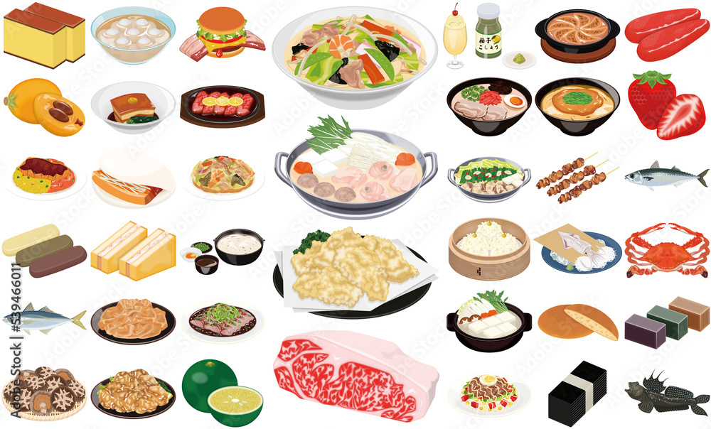 福岡、長崎、大分、佐賀の人気グルメ・名産のアイコン①(長崎ちゃんぽん、水炊き、とり天、佐賀牛) 福岡、長崎、大分、佐賀の人気グルメ・名産のアイコン①(長崎ちゃんぽん、水炊き、とり天、佐賀牛)