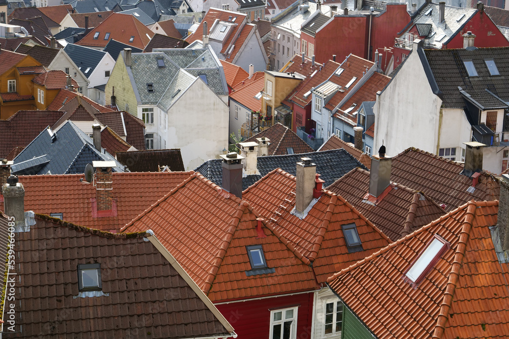 Colorful houses and cityscapes built with vernacular architecture in Bergen, Norway Stock Photo