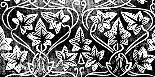 Black and White Decorative retro effect illustration, fabric style pattern - vintage graphic illustration in damaged engraving style with dark spots, nets, lines and scratches