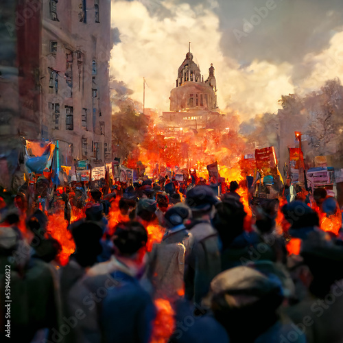 Protest and riot illustration. Criminal action with fire. Demonstration rally. 3D image