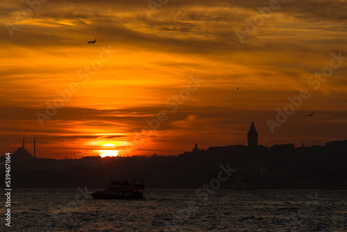 Silhouette of Istanbul at sunset. Bosphorus panoramic view from Uskudar district.