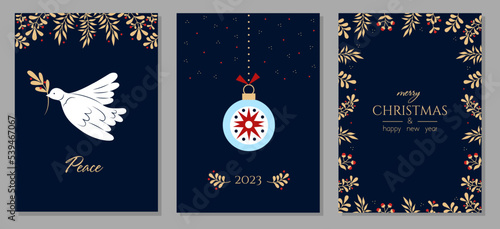 Set of christmas and happy new year greeting cards. Modern creative universal artistic templates with Christmas ball, Dove, floral ornament and frames. Vector illustration.