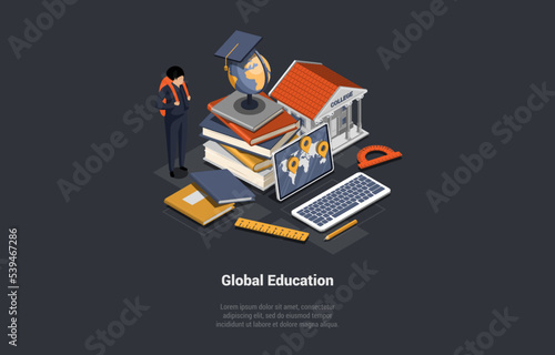 E-learning Distance Graduate Certificate Program. Boy Student With Backpack Near Stack Of Books, Globe, Computer, College Building. Internet Education Course Degree. Isometric 3D Vector Illustration