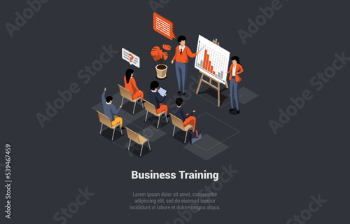 Business Training Concept. Coach Speaking Before Audience. Mentor Presents Charts and Reports, Employees meeting at Business Training, Seminar or Conference. Isometric 3d Cartoon Vector Illustration