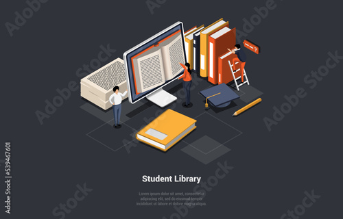 Self Education And Online Library. Male And Female Students At Big Monitor Read Books. Modern Digital Library Interior With Characters, Computer And Graduation Hat. Isometric 3d Vector Illustration