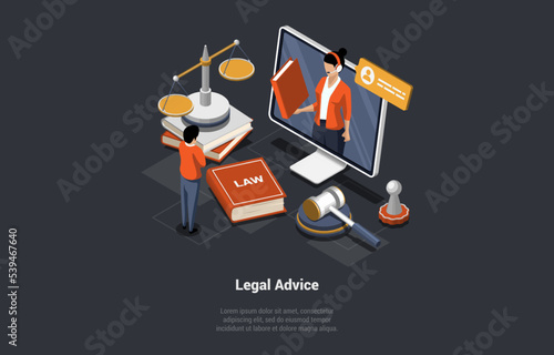 Concept Of Legal Advice. Law Education, Justice and Equality, Professional Lawsuits Guidance. Lawyer, Legal Advisor Consulting Online on Disputable Issues. Isometric 3d Cartoon Vector Illustration