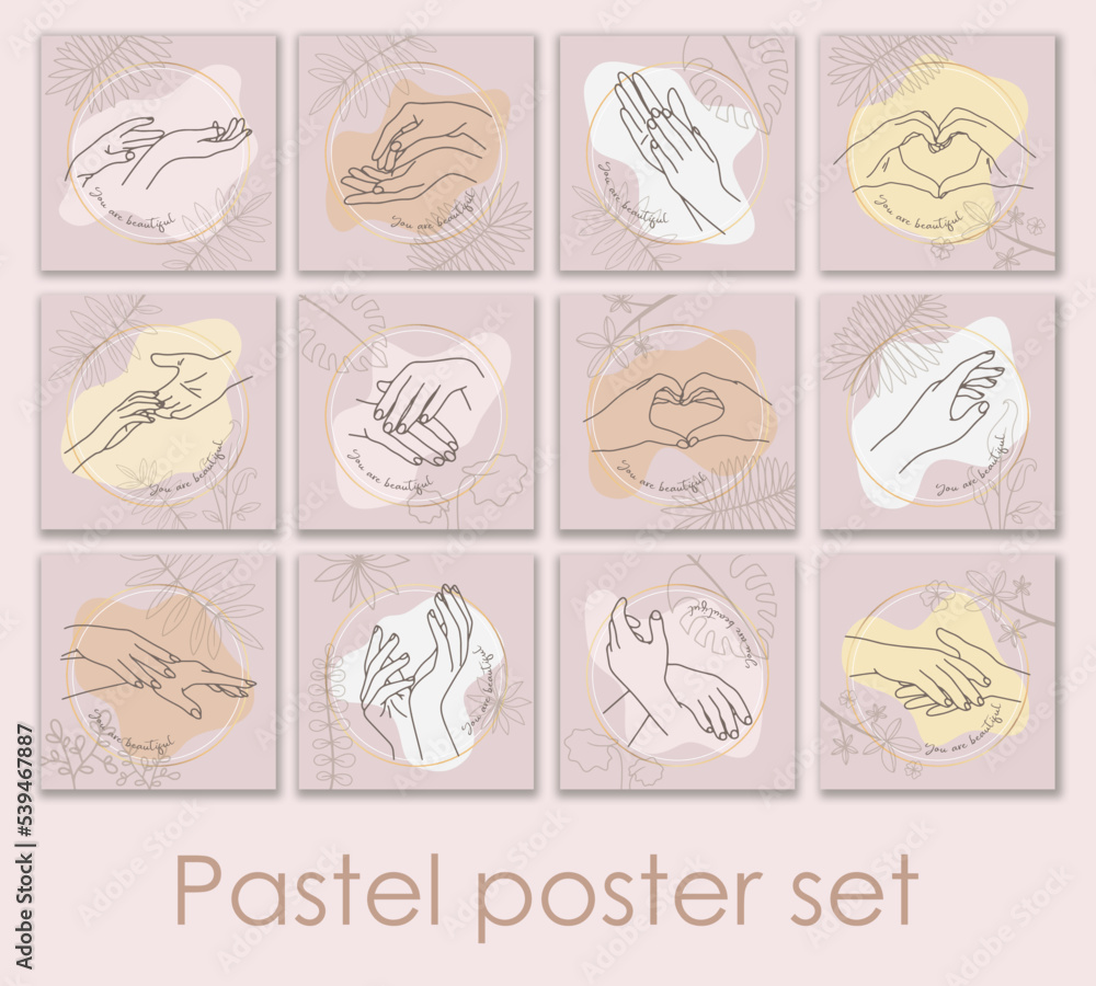 Vector set. Hands of people, men, women. Doodle. Line art. Pastel colors. You are beautiful.