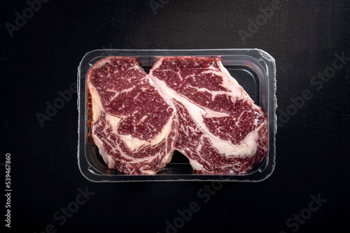Beef steak in vacuum packaging. Template for meat packaging