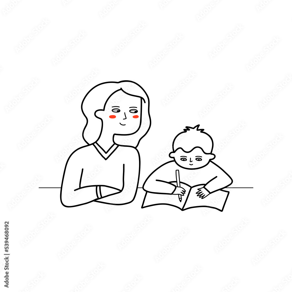 Mom and son doing homework. Home education concept.
