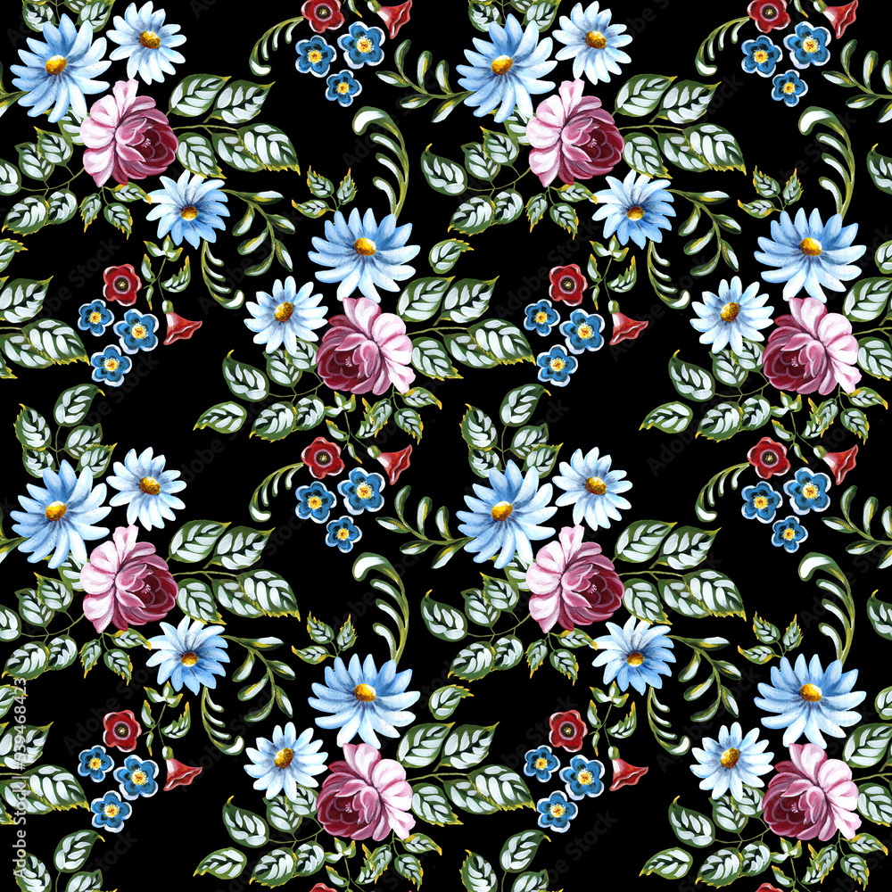 Seamless watercolor pattern, ethnic style flowers on a black background. Seamless watercolor pattern, ethnic style flowers on a black background.