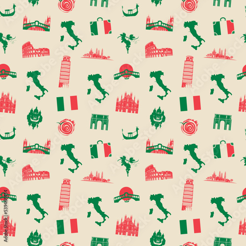 Vector seamless pattern on the theme of Italy in flat style with Italian symbols, architectural landmarks and a map in the colors of Italian flag. Suitable for wallpaper, wrapping paper, fabric design