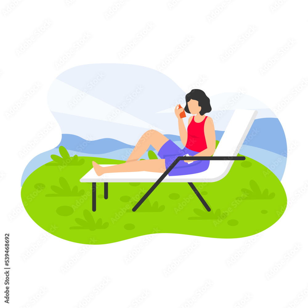 Girl Sitting on Chair and Enjoying Nature Concept, Women Taking Sun bath vector icon design, Outdoor weekend Activity symbol, Tourist Holidays Scene Sign, Happy people at Vacation stock illustration Girl Sitting on Chair and Enjoying Nature Concept, Women Taking Sun bath vector icon design, Outdoor weekend Activity symbol, Tourist Holidays Scene Sign, Happy people at Vacation stock illustration