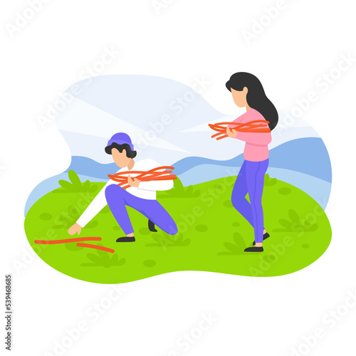 Man and Woman in Summer Camp at Forest Collecting Brushwood Concept, vector icon design, Outdoor weekend Activity symbol, Tourist Holidays Scene Sign, Happy people at Vacation stock illustration