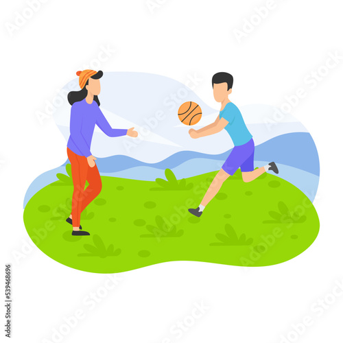 Girl Boy Play Ball Concept, Brother Sister Enjoying at Green fields vector color icon design, Outdoor weekend Activity symbol, Tourist Holidays Scene Sign, Happy people at Vacation stock illustration