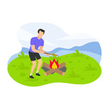 Man of cooking meat on the mountain Concept, roast marshmallows on skewer vector icon design, Outdoor weekend Activity symbol, Tourist Holidays Scene Sign, Happy people at Vacation stock illustration