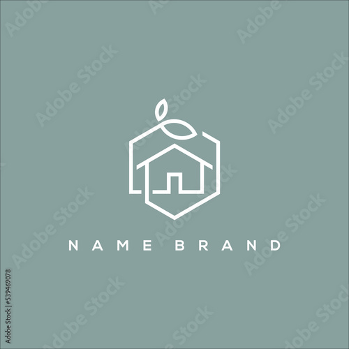 A line art icon logo of a house / home with a leaf circle