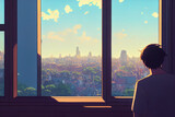 Anime man looking at the city from the window. Manga cartoon drawing of character watching at the town. Lofi inspired digital artwork. Moment of love. Small emotions. Happy male character.