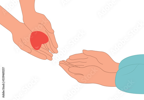 Compassion.The concept of sharing love, helping others, charity with the support of the global community. Cute vector illustration in flat cartoon style
