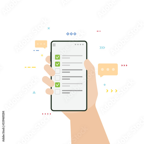 To-do app on phone with checklist and done checkmarks. Check marks and done symbol. Hand holding smartphone with todo app. Flat style vector illustration. Phone and list app.