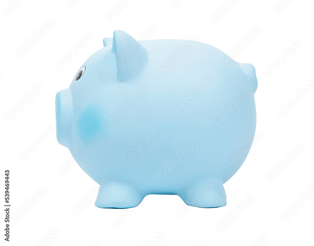Blue ceramic piggy bank, side view, PNG isolated on transparent background Blue ceramic piggy bank, side view, PNG isolated on transparent background