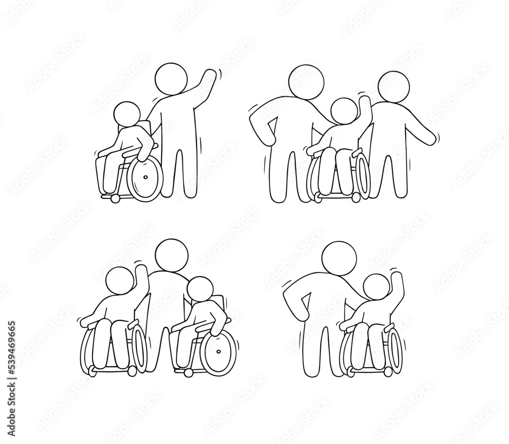 Disabled people in wheelchairs and caregivers Disabled people in wheelchairs and caregivers
