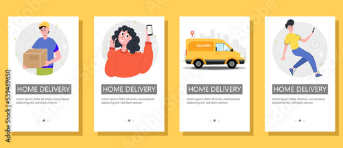 Home delivery mobile app banner set. Vector illustration.