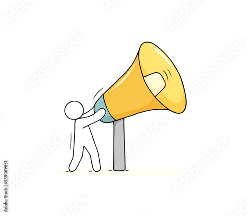 Man speak or shout in megaphone, loudspeaker