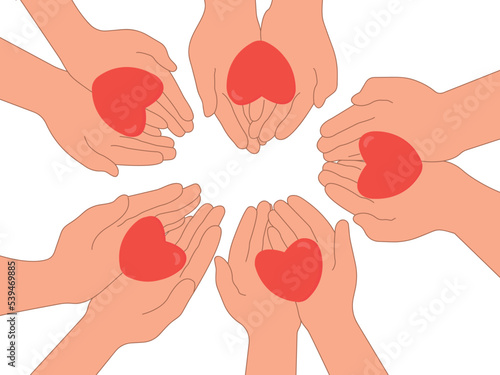 Compassion.The concept of sharing love, helping others, charity with the support of the global community. Cute vector illustration in flat cartoon style