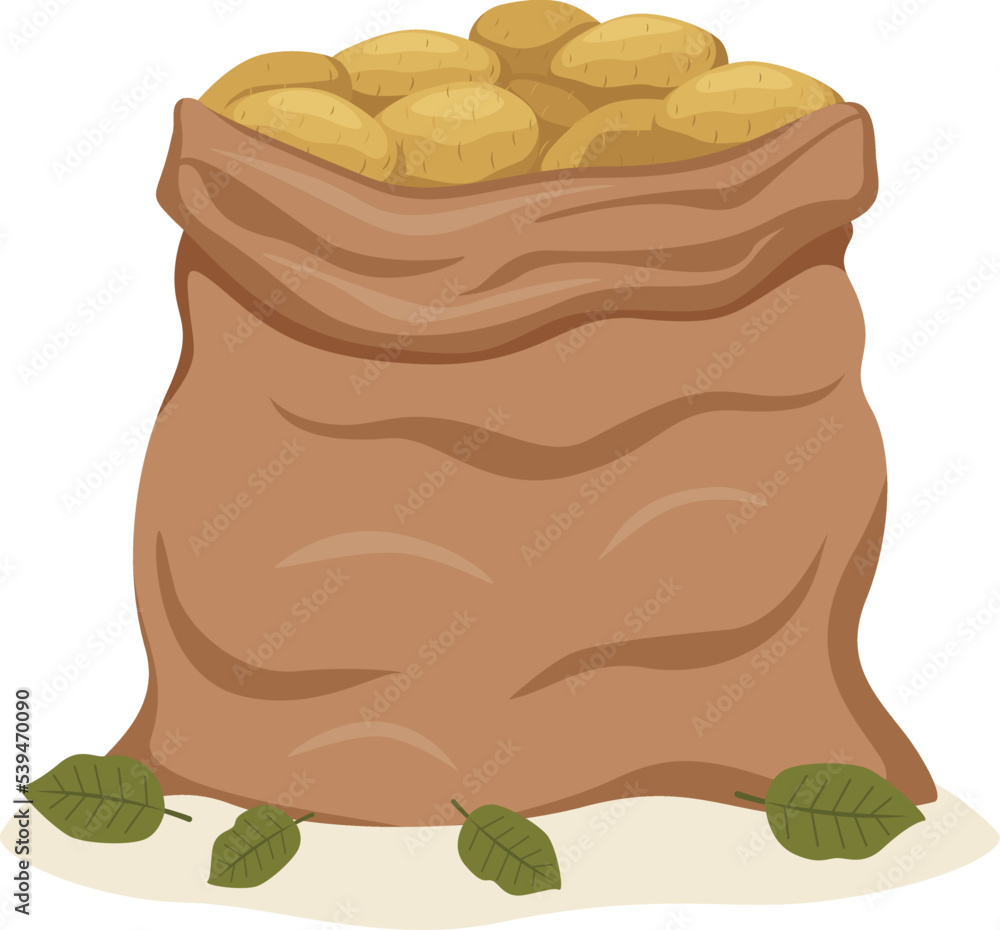 Vector illustration of a burlap sack bag of ripe farm potatoes in a flat style isolated on white ackground. Vector illustration of a burlap sack bag of ripe farm potatoes in a flat style isolated on white ackground.