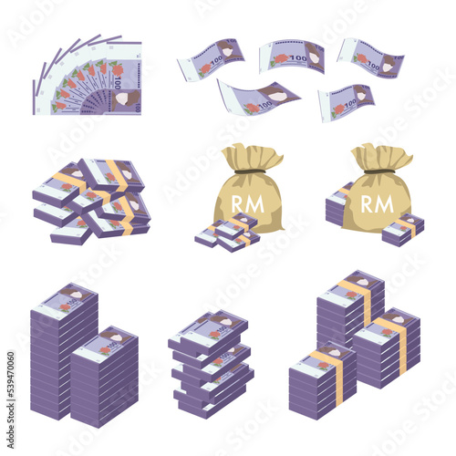 Malaysian Ringgit Vector Illustration. Huge packs of Malaysia money set bundle banknotes. Bundle with cash bills. Deposit, wealth, accumulation and inheritance. Falling money 100 MYR photo