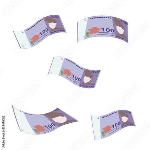 Malaysian Ringgit Vector Illustration. Malaysia money set bundle banknotes.  Falling, flying money 100 MYR. Flat style. Isolated on white background. Simple minimal design.