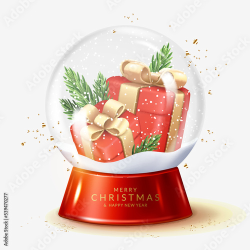 Christmas and New Year greeting card with transparent snow globe with gift boxes.
