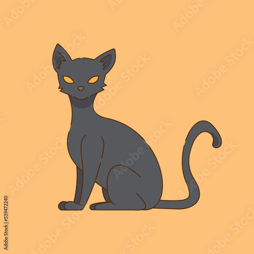 Black cat sitting. Halloween theme vector. Isolated in orange background.