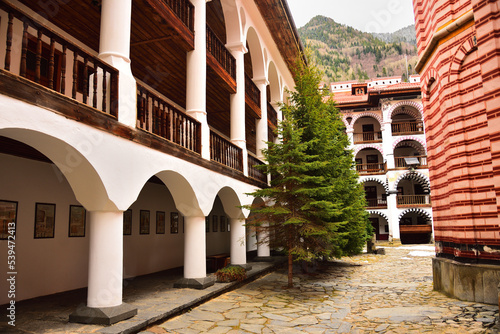 Rila Monastery the largest and most famous Eastern Orthodox monastery in Bulgaria under overcast weather.