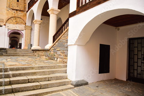 Rila Monastery the largest and most famous Eastern Orthodox monastery in Bulgaria under overcast weather.