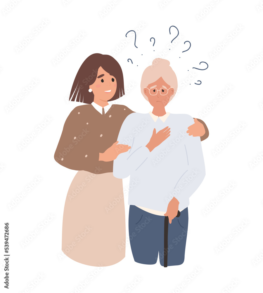 Cartoon flat illustration of young female volunteer caring for an elderly woman, adult woman helps and supports elderly woman