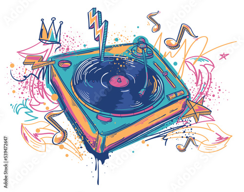 Drawn graffiti turntable and musical notes, colorful music design photo