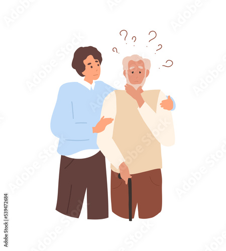 Modern creative flat design of a young male volunteer caring for an elderly man, adult man helps and supports elderly man