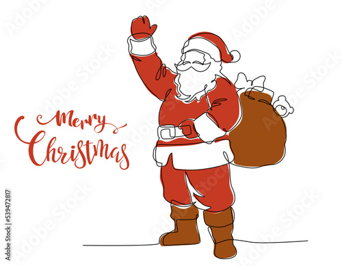 Continuous line drawing santa claus waving hello with gift bag color, Concept of Christmas. Holiday, New year.
 Vector design illustration on white background.