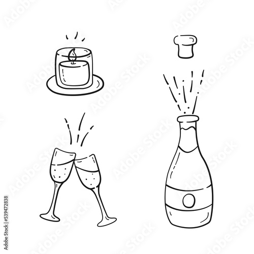 Set of romantic symbols in black linear drawing style. Candle, champagne bottle and glasses in doodle style. Vector illustration