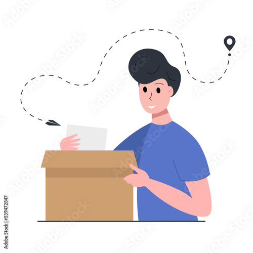 The character of a young guy unpacks the package. Vector illustration.