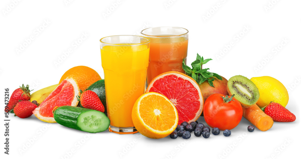 Tasty fruits  and juice with vitamins on background - obrazy, fototapety, plakaty 