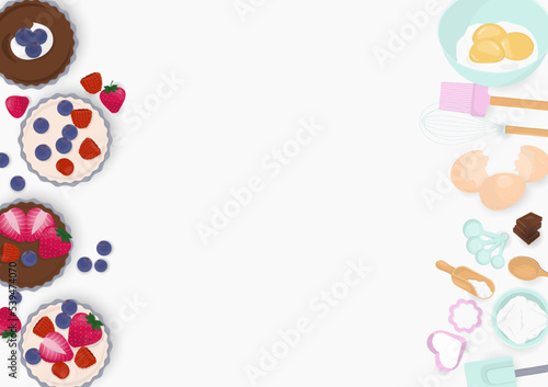 Cupcakes and kitchen utensils baking background