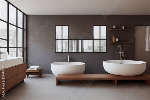 Modern bathroom interior with a wooden shelf  two sinks standing on it  a round mirror and a tub. 3d rendering mock up