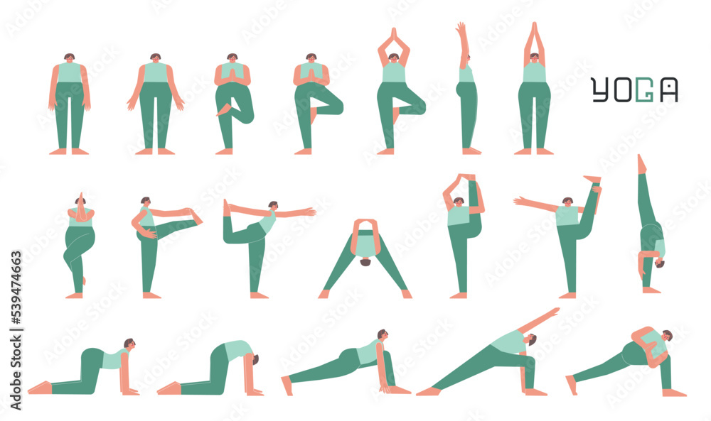 Vector flat isolated illustration collection with female character doing yoga. European woman learns standing postures. Set of basic sports balance exercise for beginners Vector flat isolated illustration collection with female character doing yoga. European woman learns standing postures. Set of basic sports balance exercise for beginners