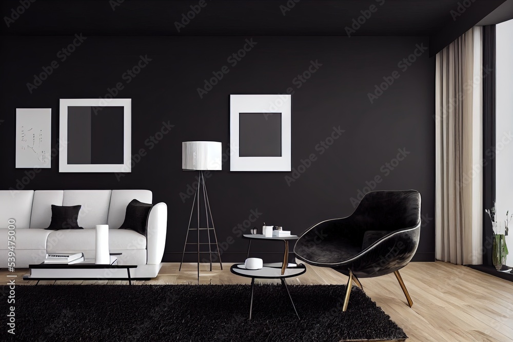Dark interior of living room with black wall, chair and wooden console, modern luxury living room interior background, living room interior mock up, interior with black walls, 3d rendering